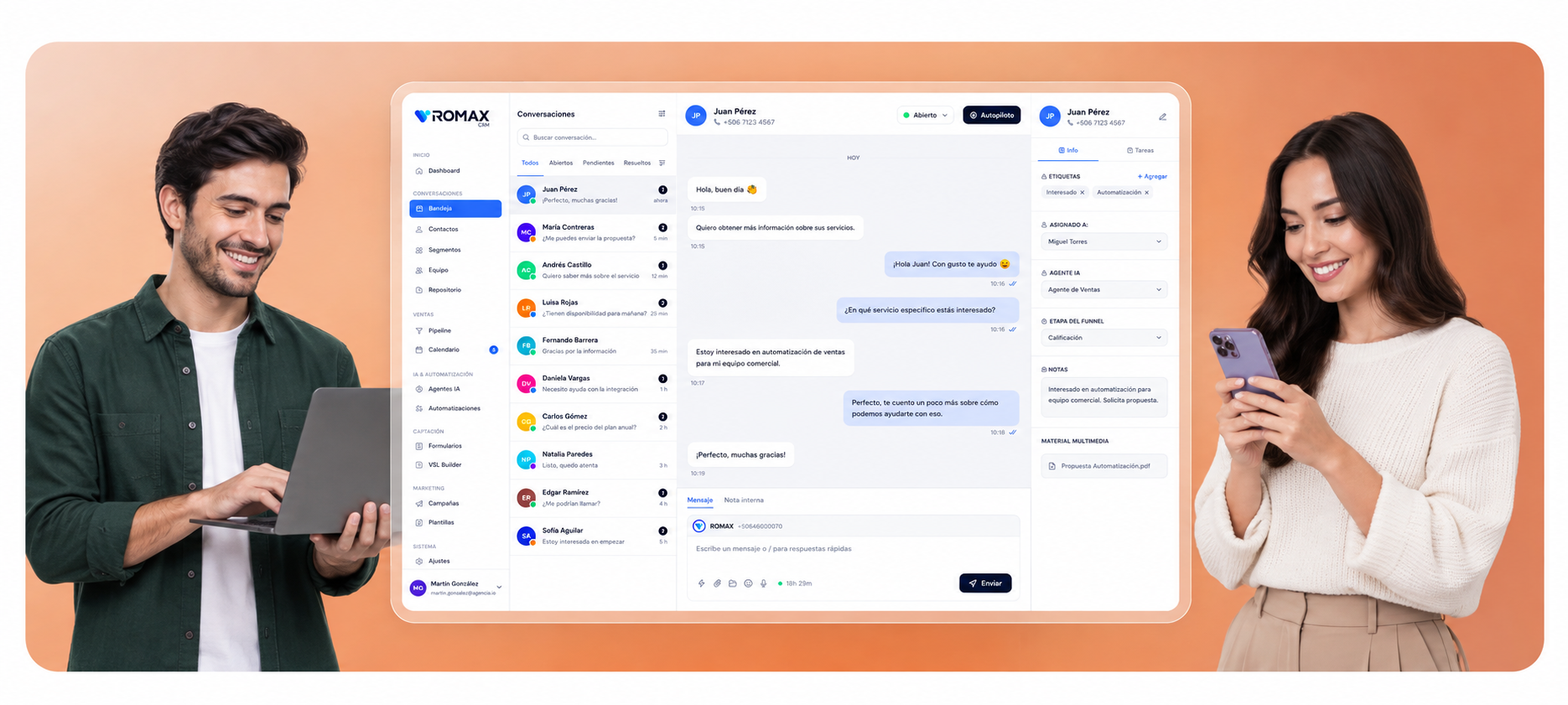 ROMAX CRM gestionando conversaciones y clientes por WhatsApp