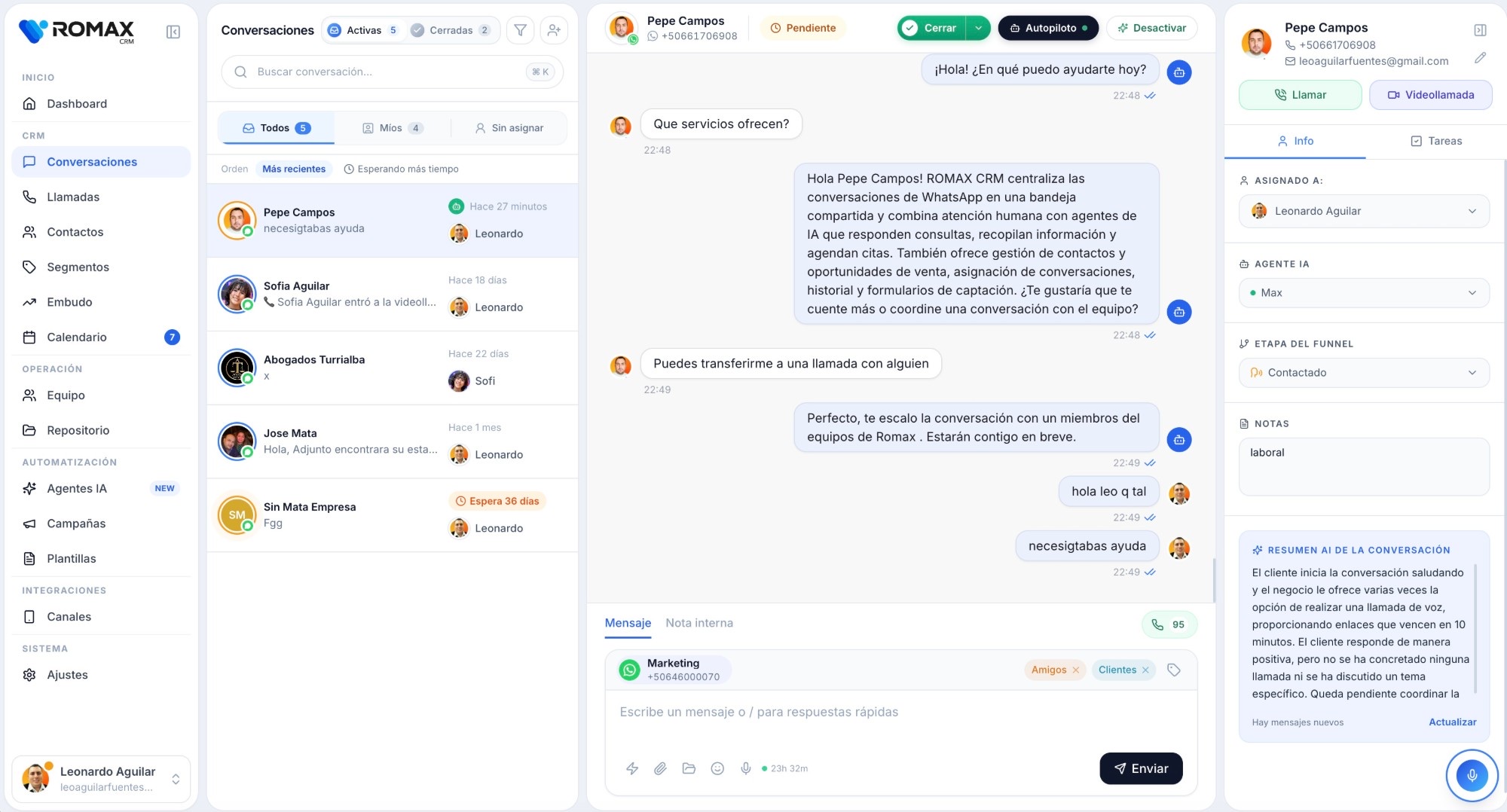 Bandeja de conversaciones de ROMAX CRM
